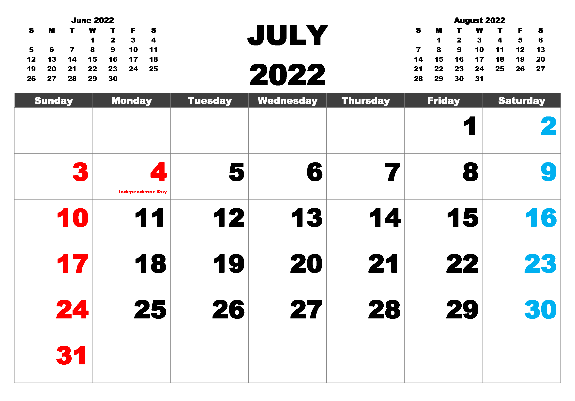 Monthly July Calendar 2022