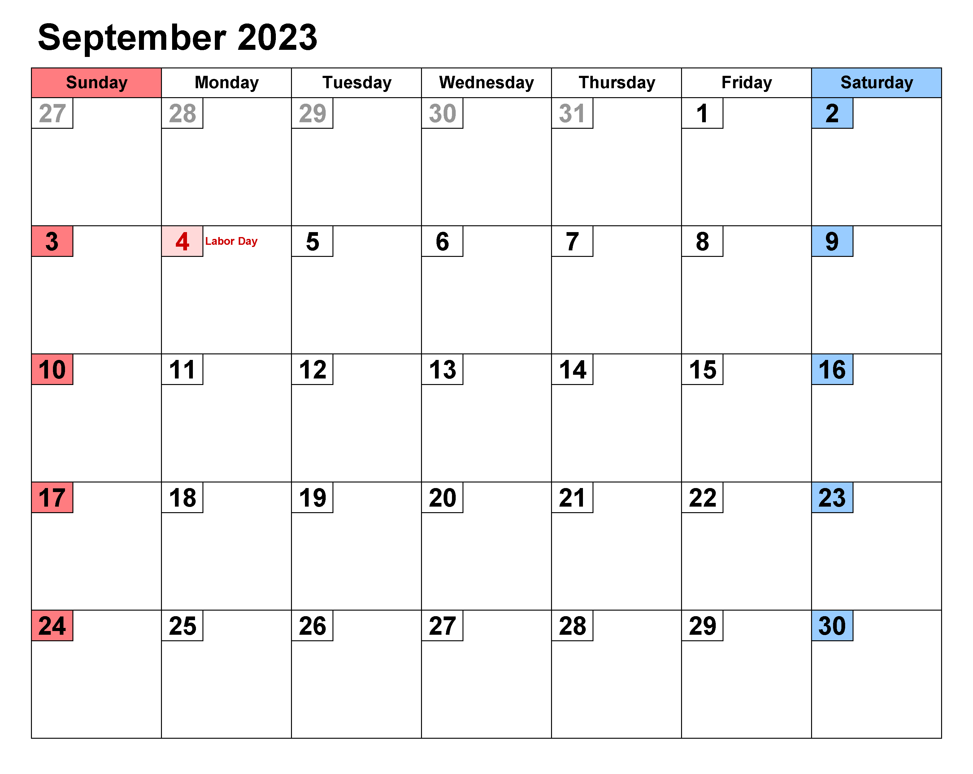 September 2023 Printable Calendar Excel