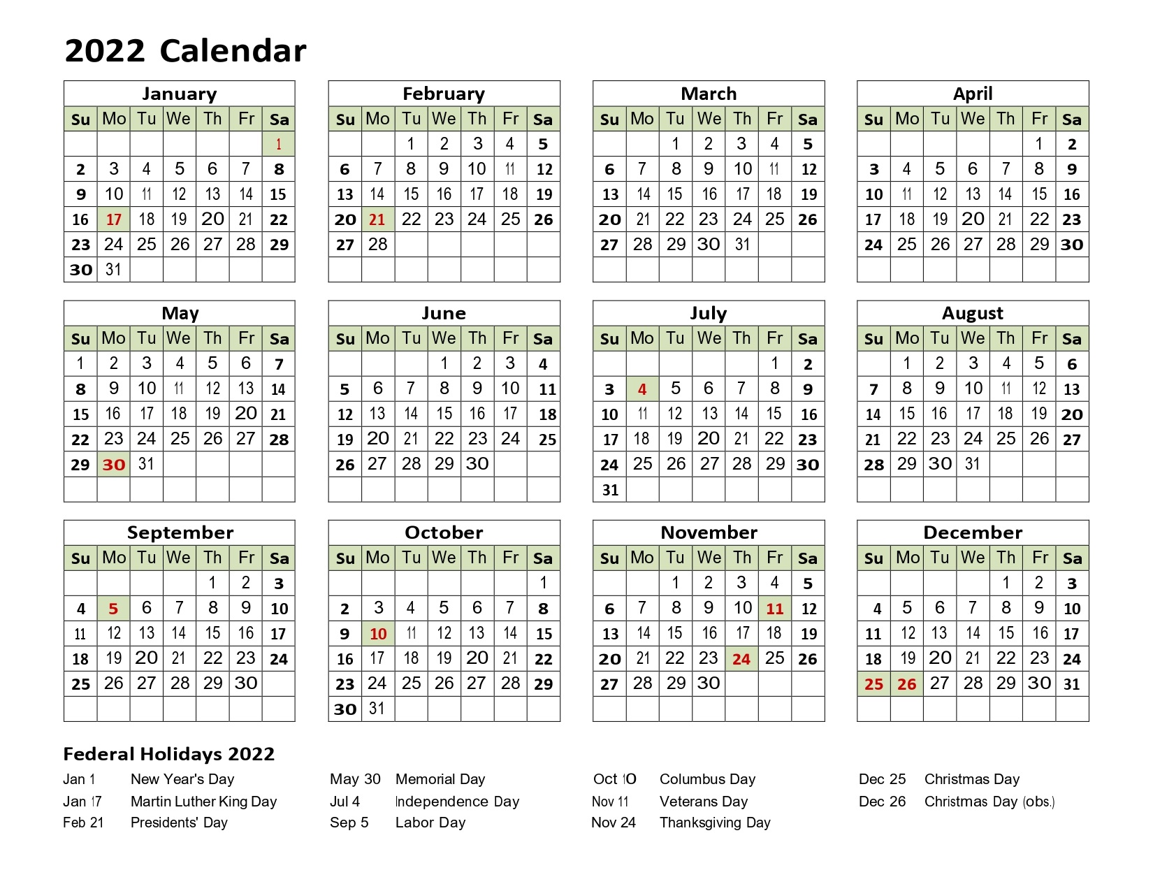Yearly 2022 Calendar With Holidays