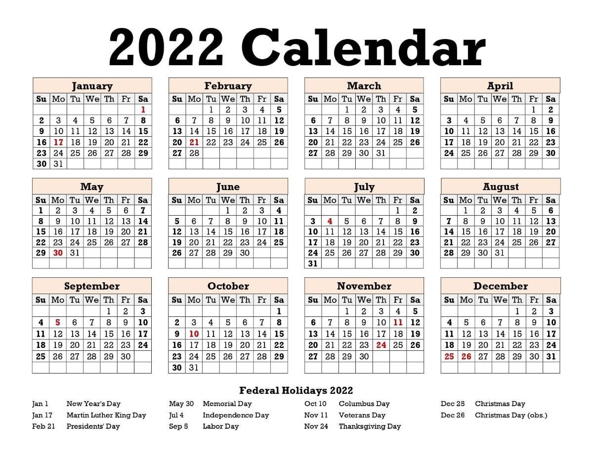Yearly Calendar 2022 Holidays