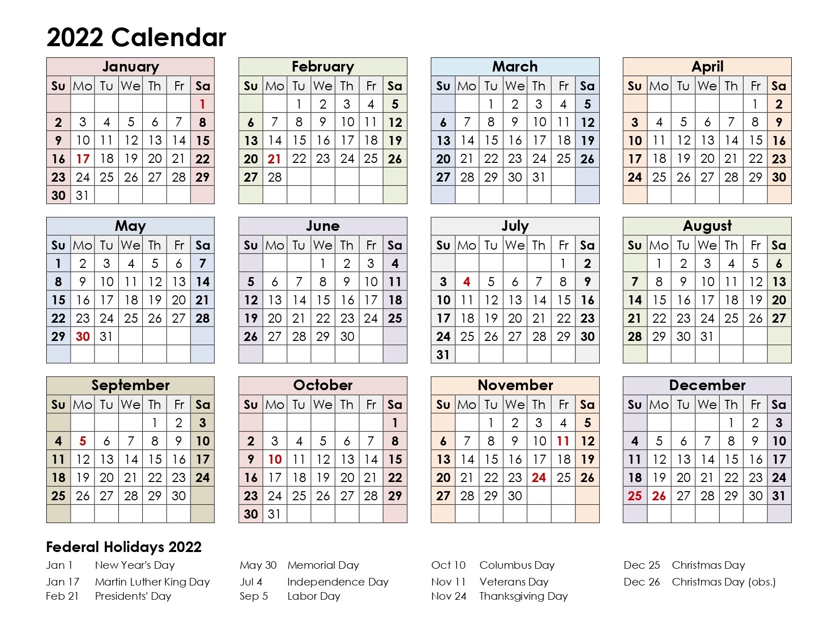 Yearly Calendar 2022 Word