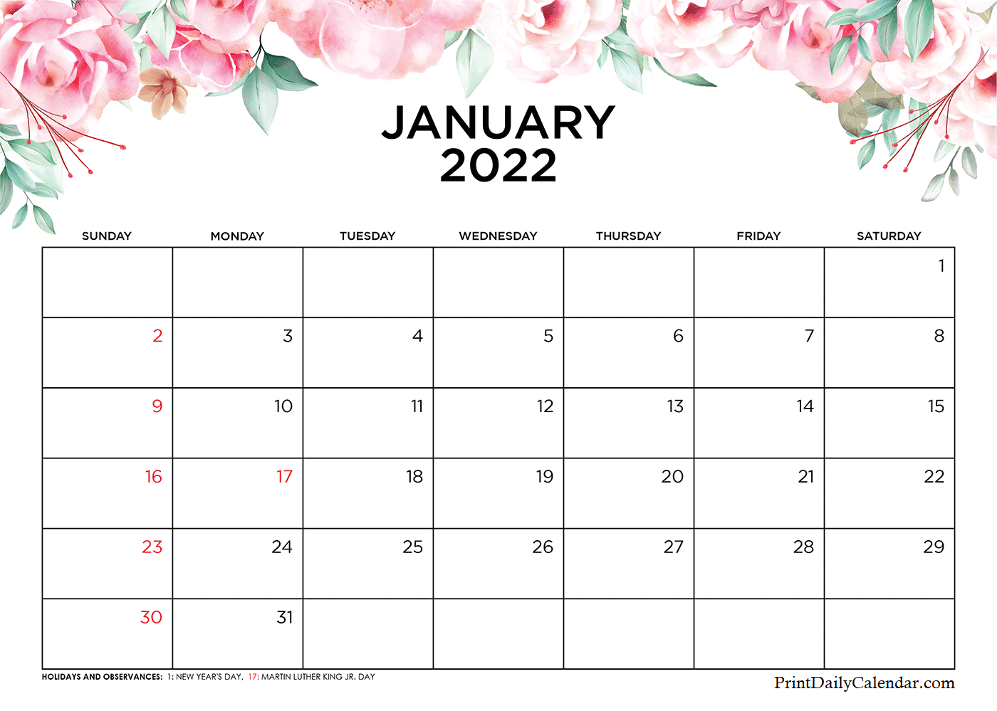 Cute January 2022 Calendar