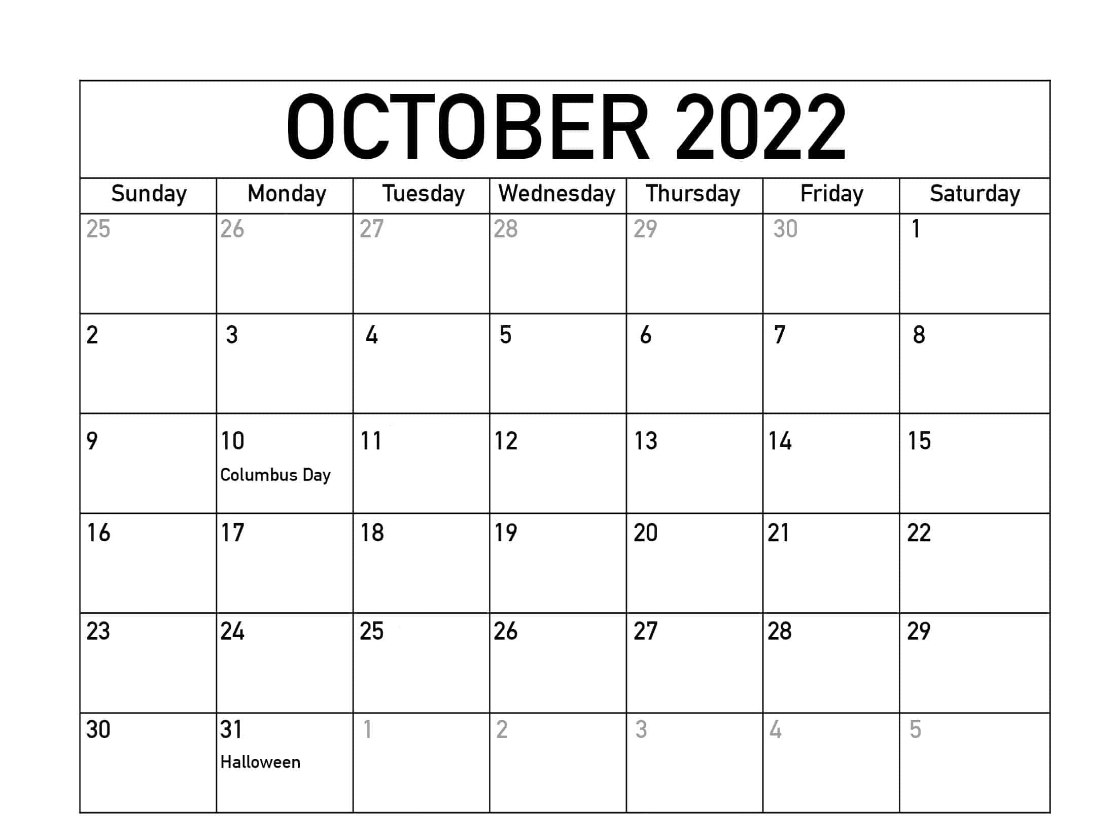 Blank October 2022 Calendar With Holidays