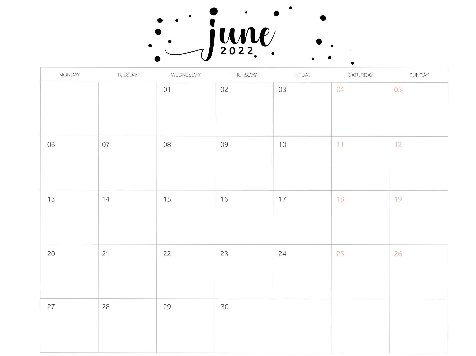 Cute June 2022 Calendar Word