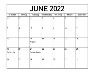 Latest June 2022 Calendar With Holidays