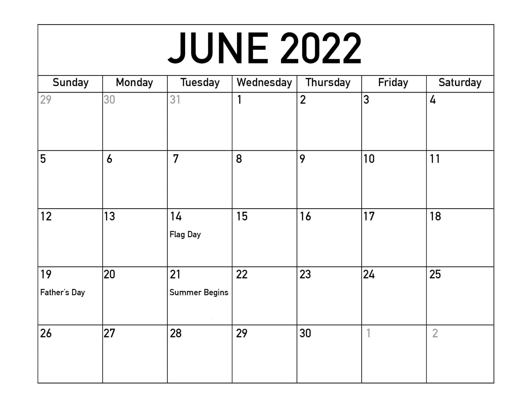 June 2022 Calendar With Holidays