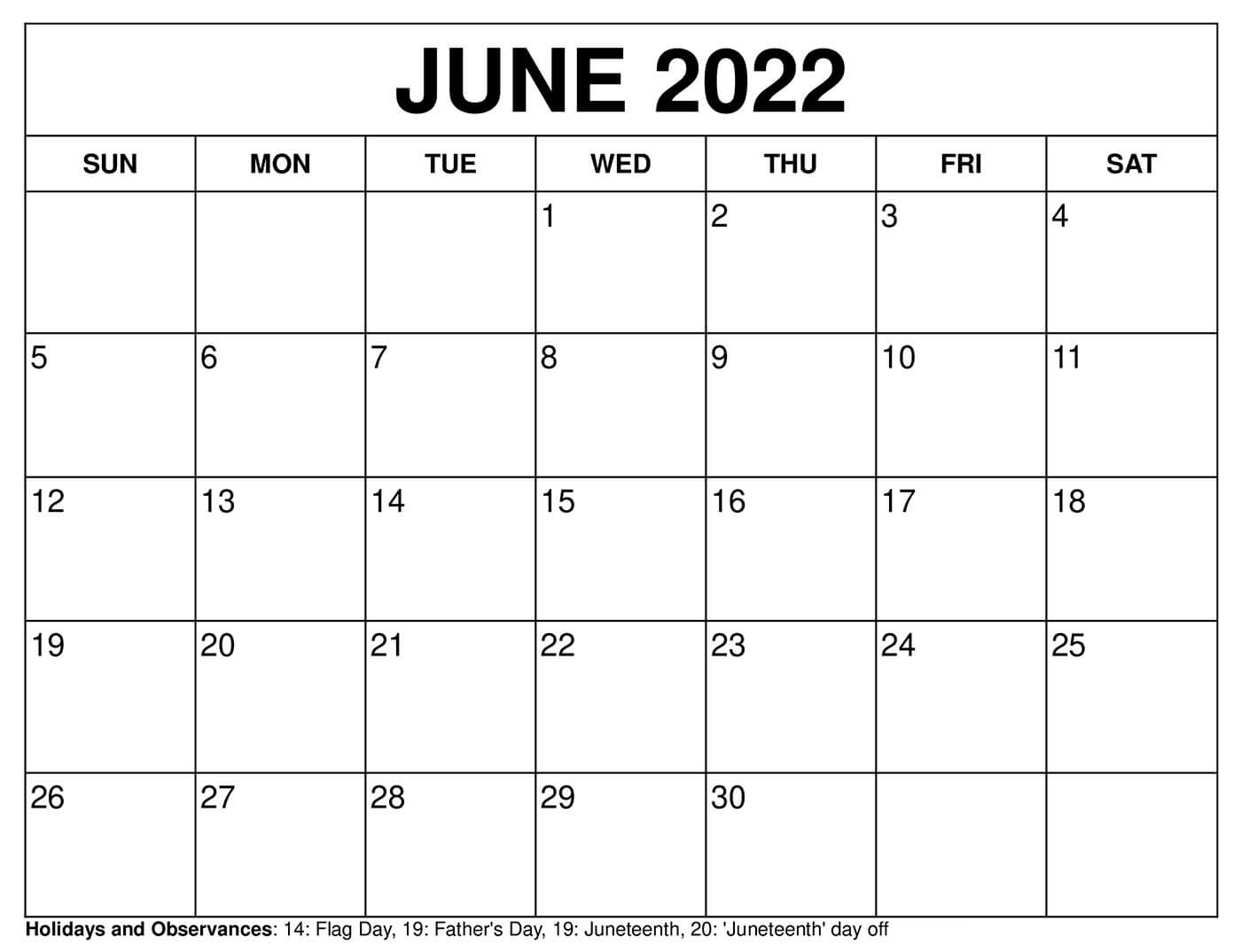 Latest June 2022 Printable Calendar