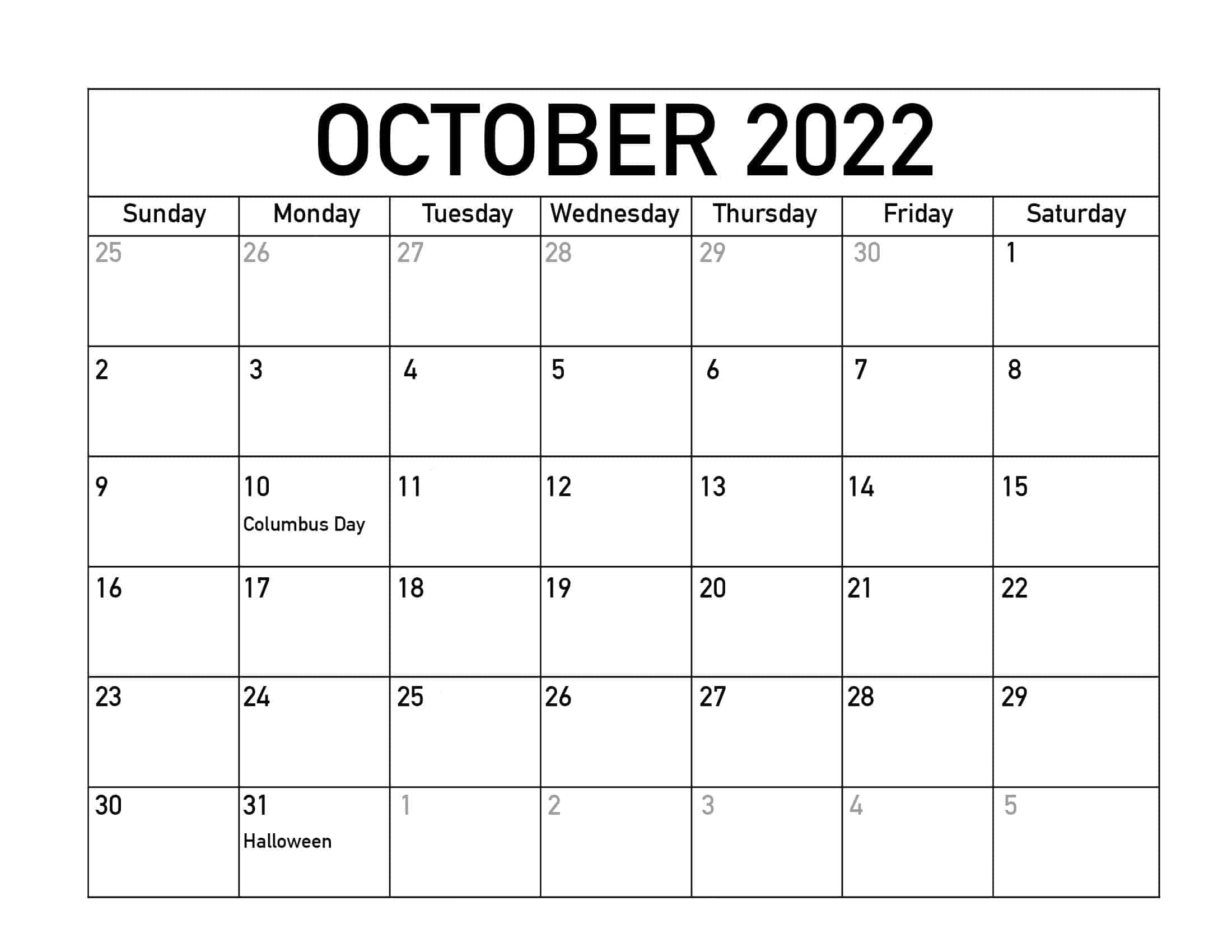 October 2022 Calendar New