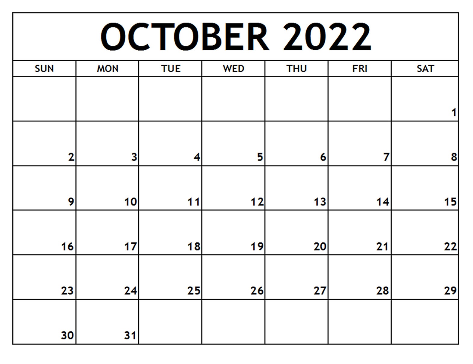 Printable October 2022 Calendar Blank