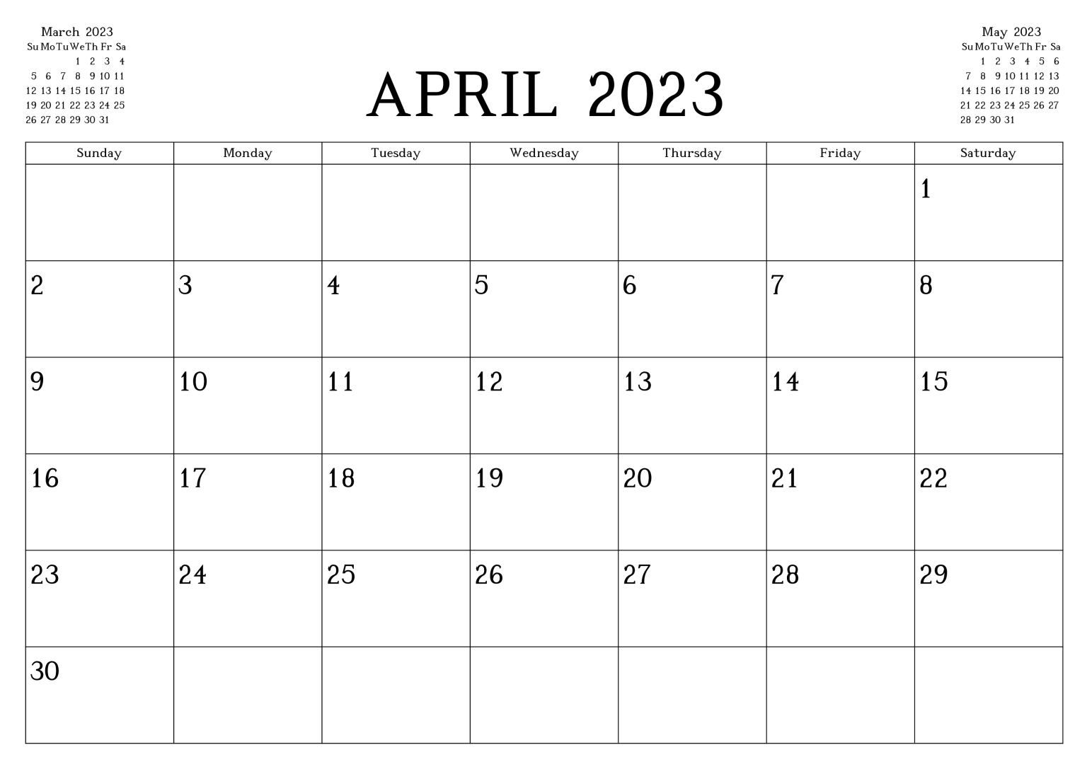April 2023 Calendar - Celebrate Easter Day