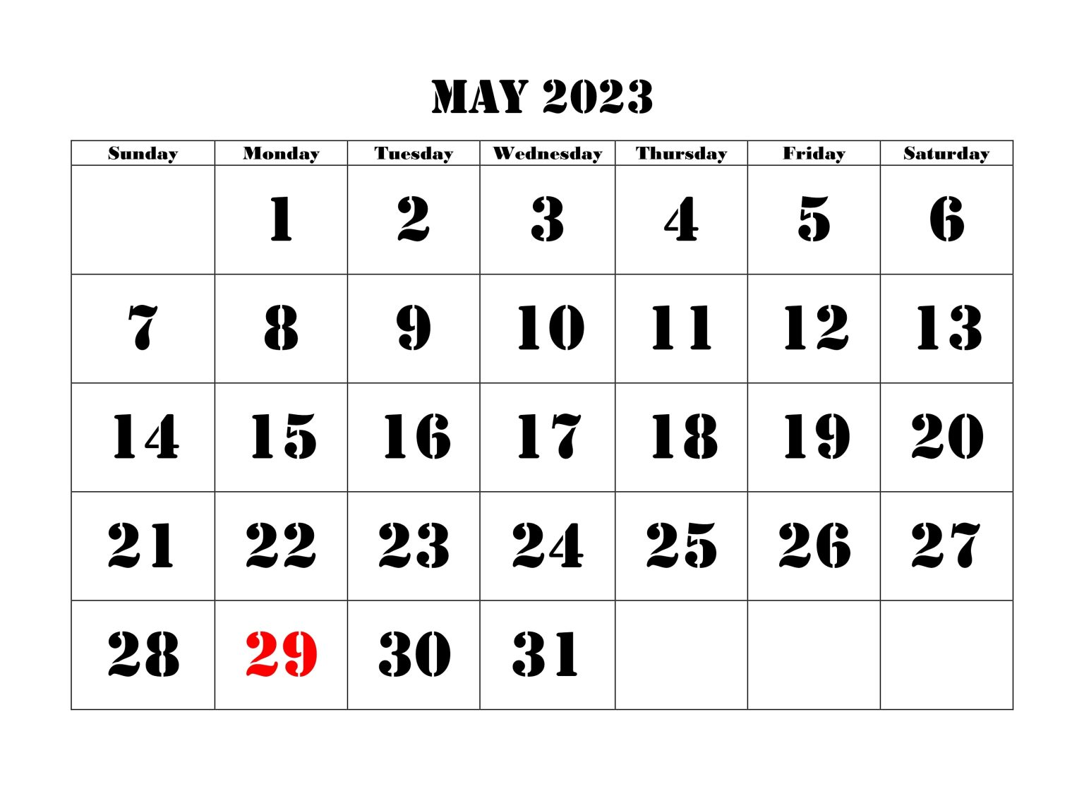 May 2023 Calendar - Know Memorial Day