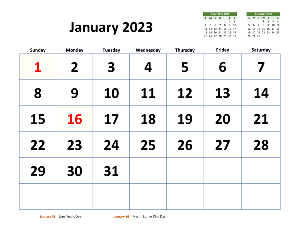 January 2023 Calendar - Celebrate New Year's Day