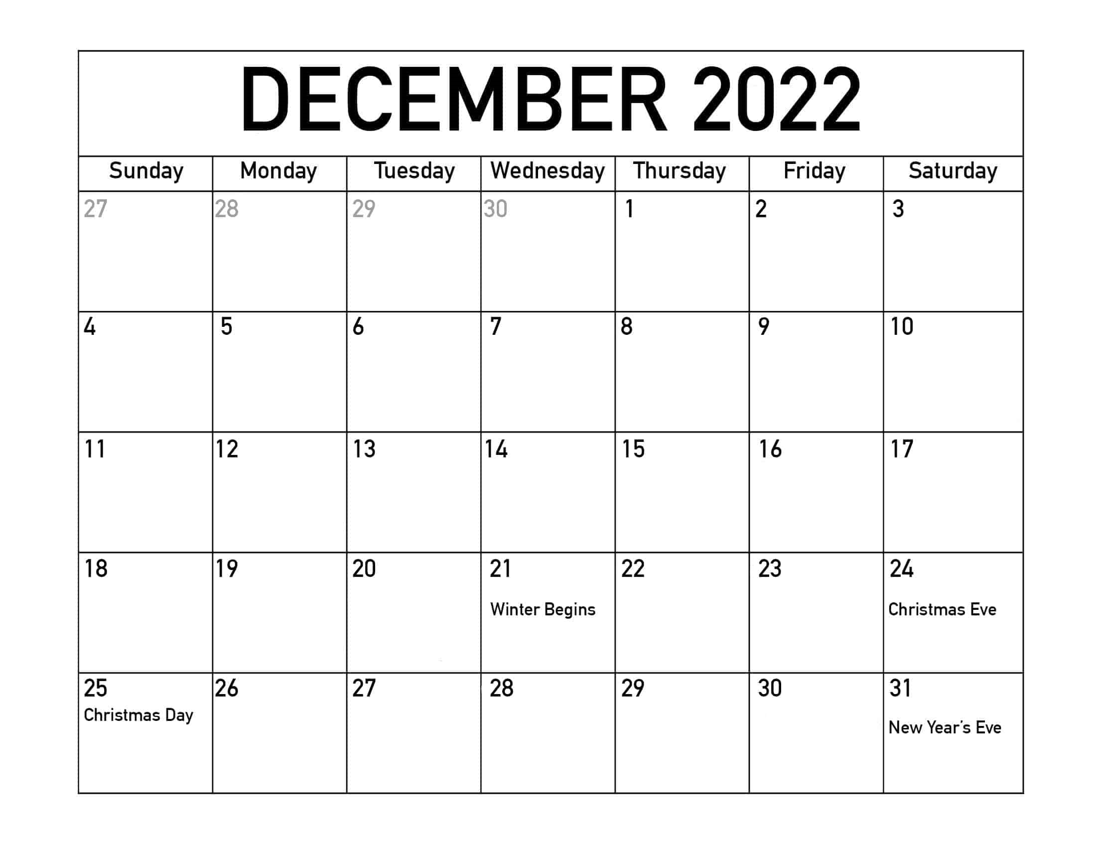 Latest December 2022 Calendar With Holidays