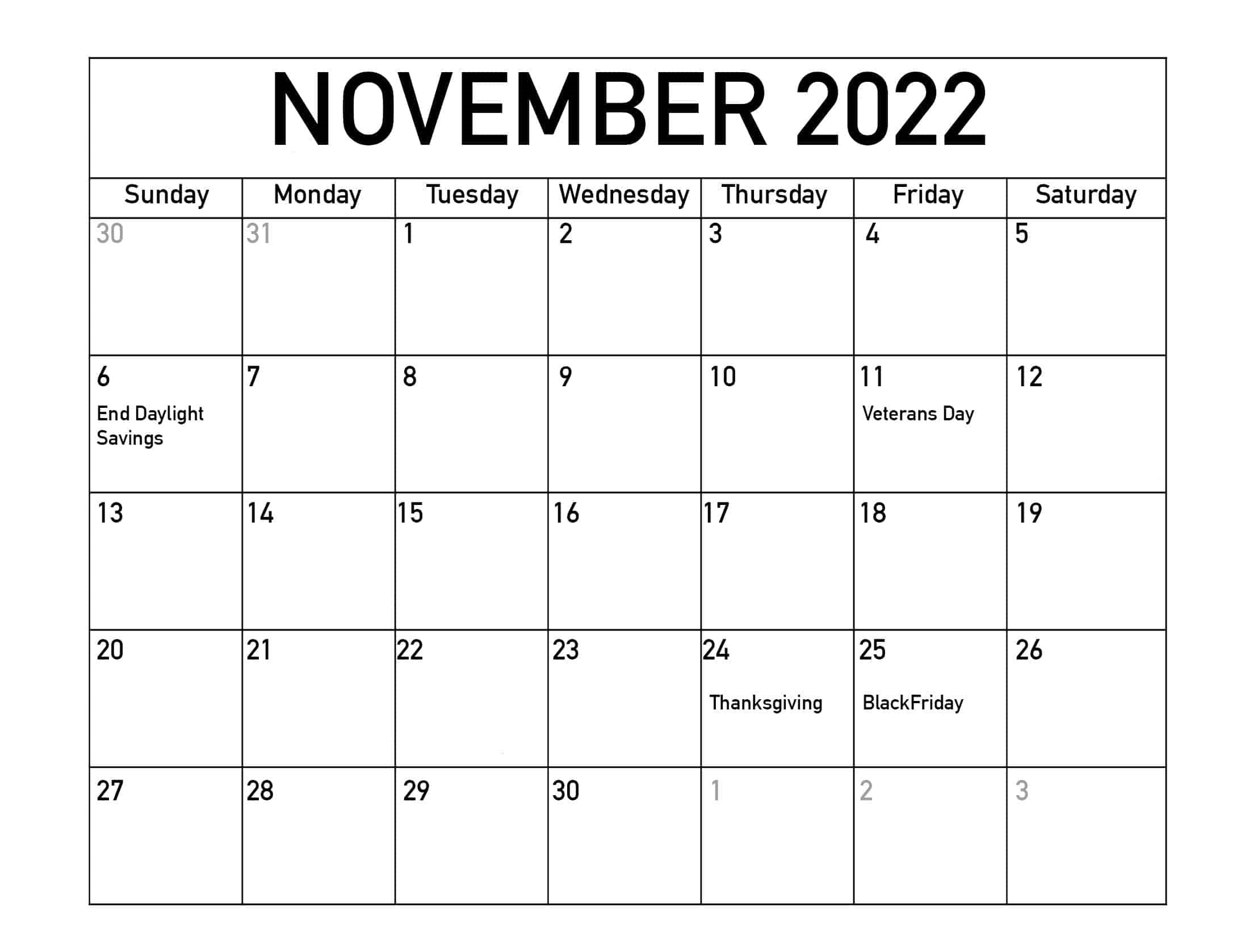 November 2022 Calendar With Holidays Notes