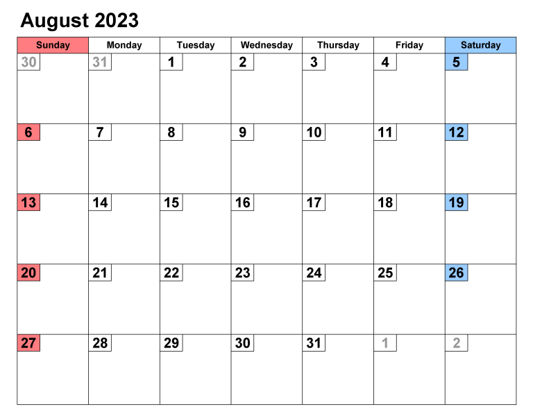 Printable August 2023 Calendar With Holidays