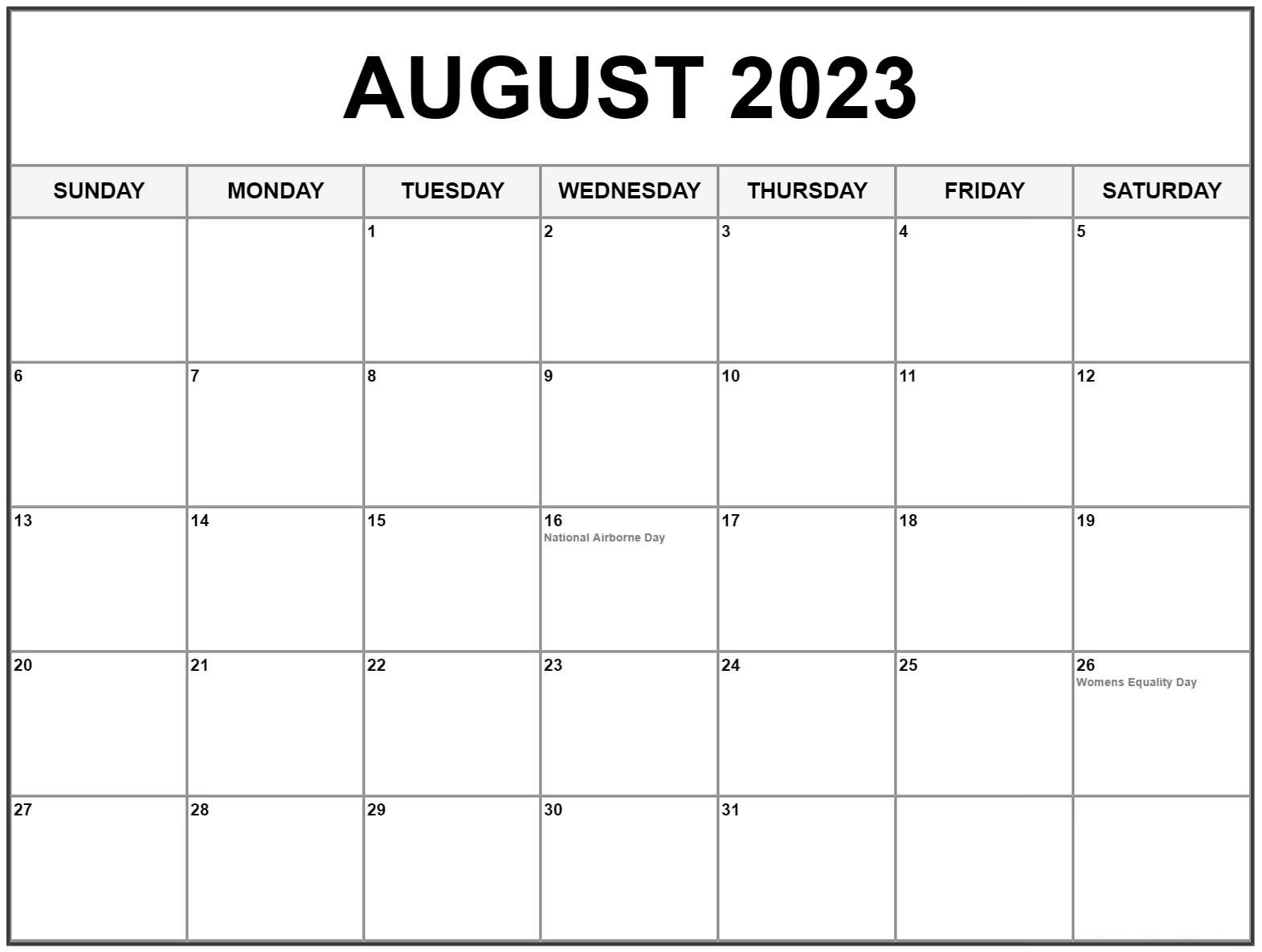 August 2023 Calendar With Holidays Word