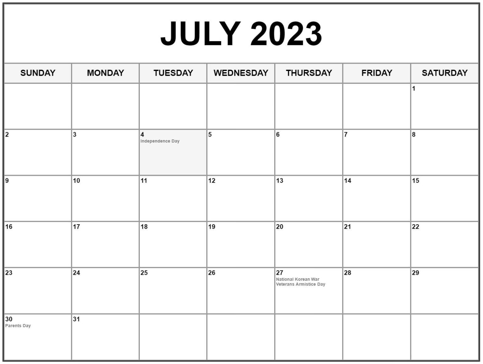 July 2023 Calendar Excel Template