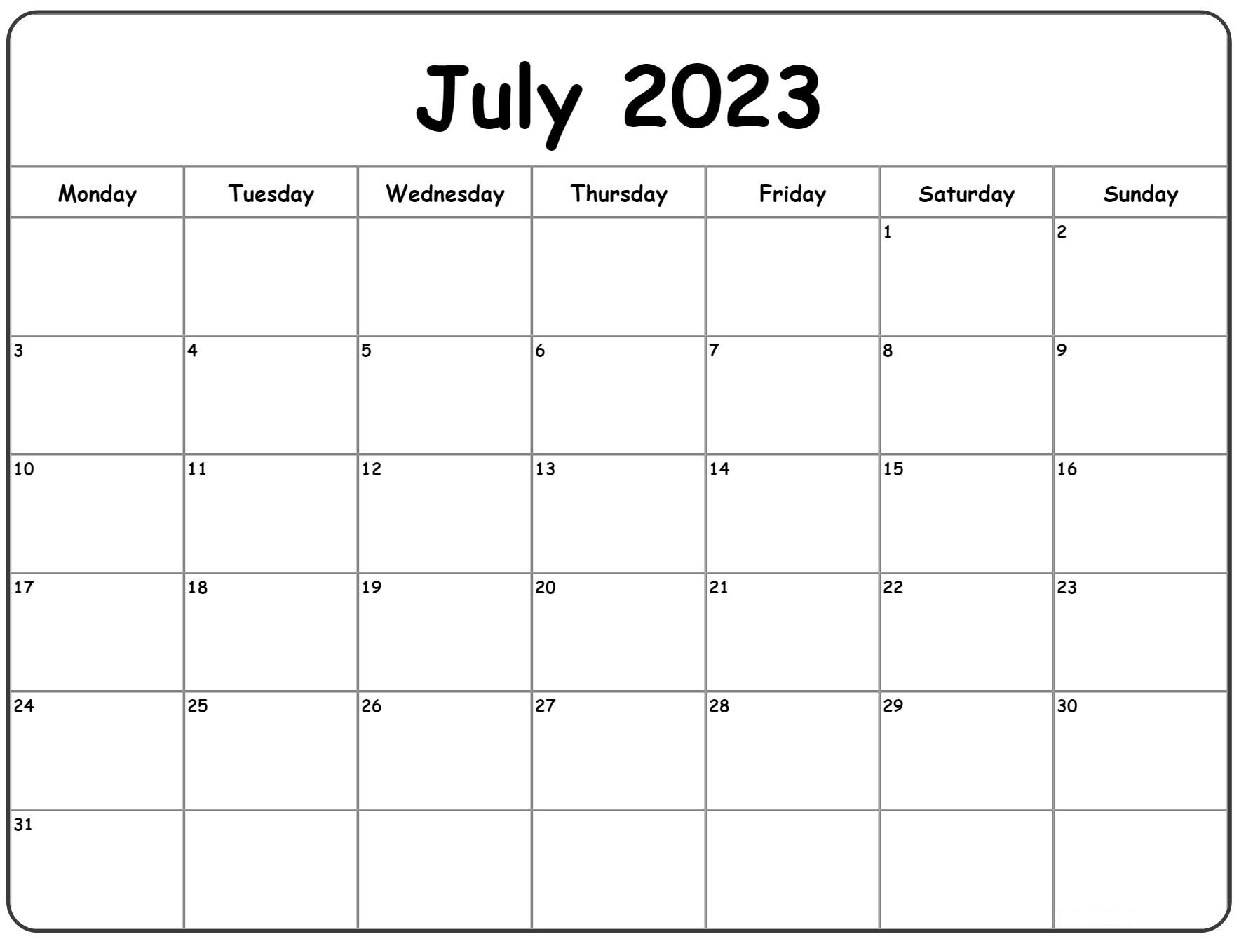 Printable July 2023 Calendar Template Word