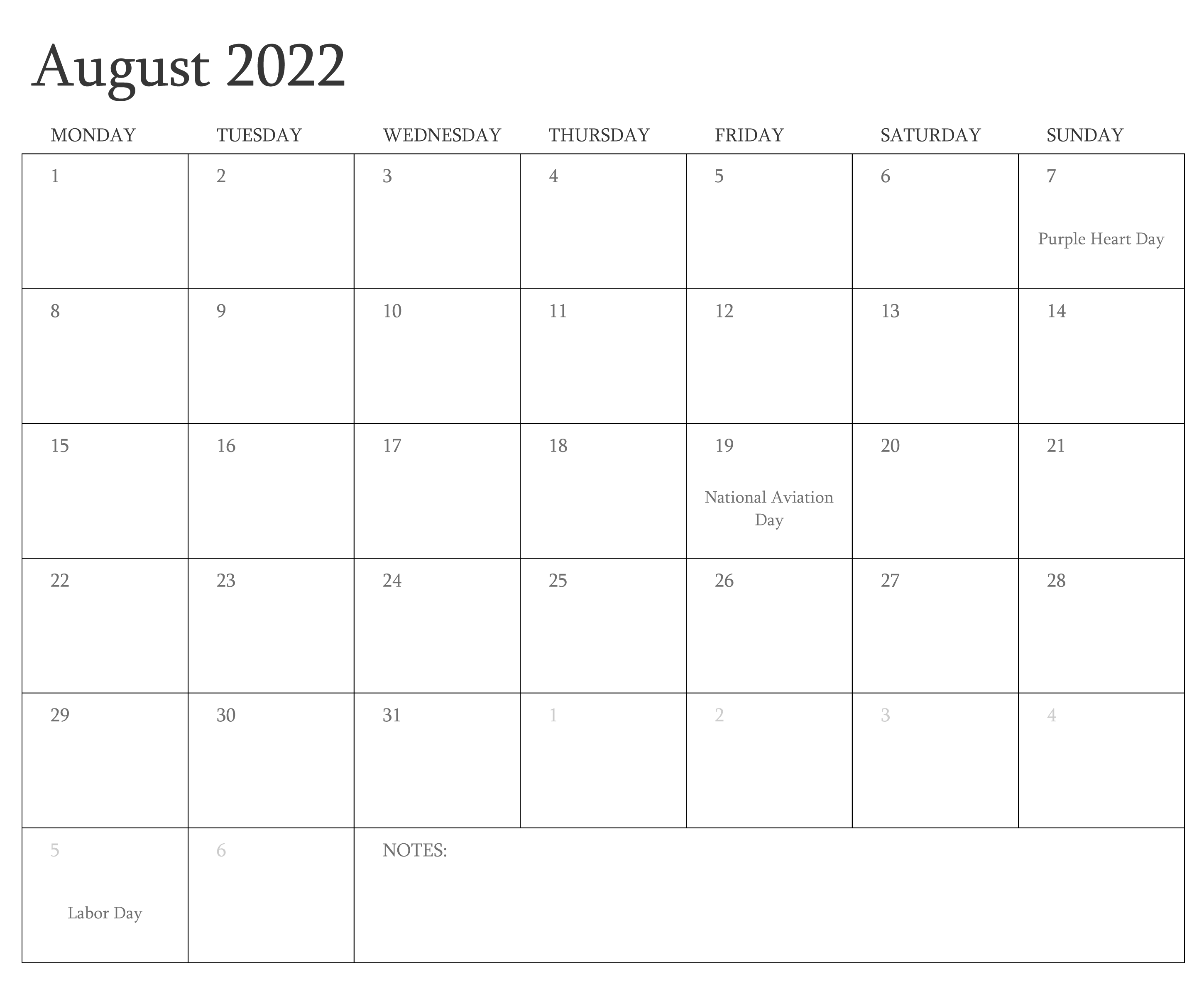 August 2022 Calendar Excel PDF