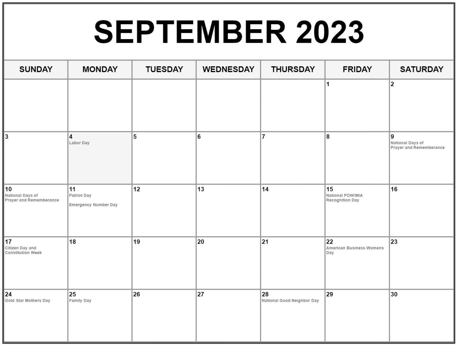 Free September 2023 Calendar With Holidays